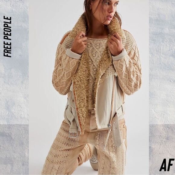 FREE PEOPLE COZY KNIT MIX MOTO JACKET NWT SIZE LARGE CREAM TAN - Picture 8 of 9